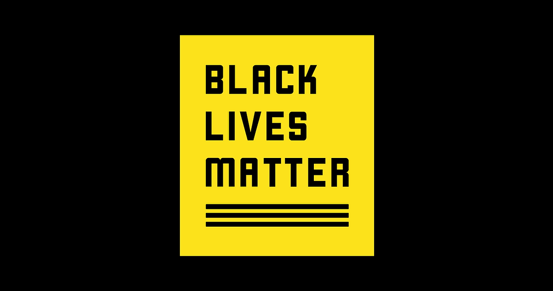 Black text on yellow background reading BLACK LIVES MATTER in capital letters with three black lines underneath. Official BLM Logo. 